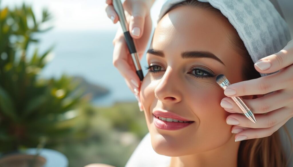 A tranquil, sun-drenched scene at the Eleven Clinic in Mallorca, where a serene-faced woman undergoes a non-surgical facial rejuvenation treatment. Soft, natural lighting accentuates her glowing complexion, as delicate brushes and high-tech devices gently contour and lift her features. In the background, lush greenery and a serene coastal vista evoke a sense of relaxation and rejuvenation. The woman's expression radiates a youthful vitality, showcasing the transformative power of the Eleven Clinic's innovative, non-invasive lifting techniques. An idyllic representation of the "Lifting sin Cirugía" experience in Mallorca.