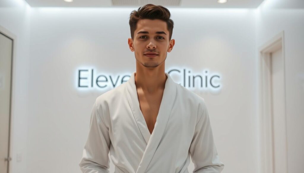 A young, fit individual with a natural, healthy physique stands in a well-lit, modern medical clinic setting, dressed in a simple white robe. The lighting is soft and flattering, accentuating the person's lean, toned frame. The background is clean and minimalist, with the "Eleven Clinic" logo prominently displayed, conveying a sense of professionalism and expertise. The subject's expression is calm and confident, suggesting they are an ideal candidate for the lipoescultura con transferencia de grasa procedure described in the article's section "¿Eres Candidato Ideal para este Procedimiento?".