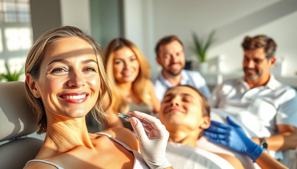 An image of satisfied patients undergoing aesthetic treatments at the Eleven Clinic in Mallorca. A serene, sun-dappled scene shows a group of men and women, their faces expressing contentment and relaxation, as they receive various procedures, from dermal fillers to laser treatments. The foreground features an attractive, middle-aged woman receiving a hyaluronic acid injection, her skin glowing with a healthy radiance. In the middle ground, a younger man reclines comfortably as a technician administers a skin tightening treatment. The background depicts the Eleven Clinic's modern, spa-like interior, with soft lighting and soothing decor that evokes a sense of tranquility and well-being. The overall atmosphere conveys the positive experiences of patients undergoing aesthetic treatments at this prestigious Mallorca-based facility.
