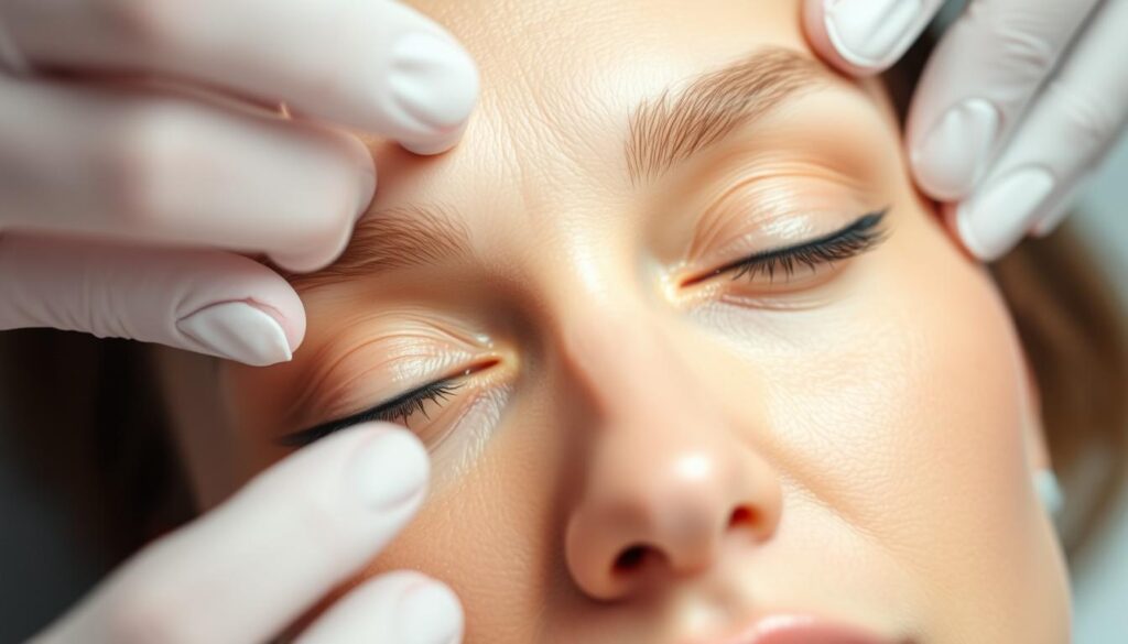 An intimate closeup of a patient's eyes during a non-surgical blepharoplasty procedure at the Eleven Clinic in Mallorca. Soft, diffused lighting accentuates the delicate features as the specialist carefully manipulates the eyelids, smoothing and tightening the skin without any incisions. The patient's expression conveys a sense of relaxation and comfort, anticipating the rejuvenating results. The scene is captured with a shallow depth of field, isolating the focal point and creating a serene, almost meditative atmosphere.