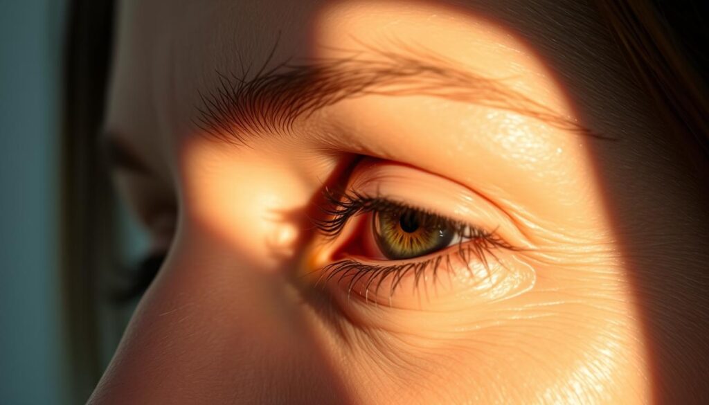 Detailed close-up of a human eye with excess skin on the eyelids, showcasing the issue of dermatochalasis. The eye is illuminated by soft, directional lighting from the side, creating depth and definition. The background is blurred, keeping the focus on the eyelid area. The skin texture is realistic, with visible fine wrinkles and discoloration. Captured with a high-resolution lens to emphasize the imperfections. This image will visually represent the need for a non-surgical blepharoplasty solution, as featured in the Eleven Clinic article "Blefaroplastia sin cirugía en Mallorca: rejuvenece sin bisturí."