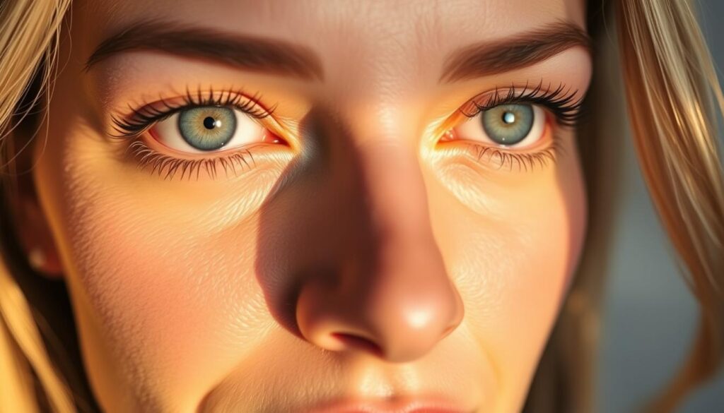 Detailed close-up of a woman's eyes with a soft, serene expression, showcasing the subtle rejuvenation effects of upper and lower eyelid surgery performed at Eleven Clinic. Warm, golden lighting accentuates the delicate features, creating a natural, youthful appearance. The image captures the essence of the "Introducción a la blefaroplastia" section, highlighting the transformative power of this facial enhancement procedure.