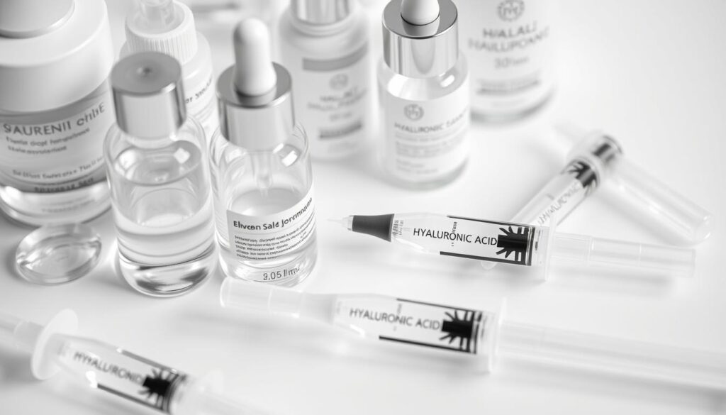 Detailed closeup of various types of hyaluronic acid treatments and products from Eleven Clinic in Mallorca. Sleek glass bottles and syringes filled with clear viscous fluids, arranged neatly on a clean white surface. Soft studio lighting highlights the high-quality medical aesthetic. Close-up angles emphasize the precision and purity of the different hyaluronic acid formulations. Muted color palette of whites, grays, and subtle hints of blues and greens. Conveys a sense of clinical professionalism and scientific expertise.