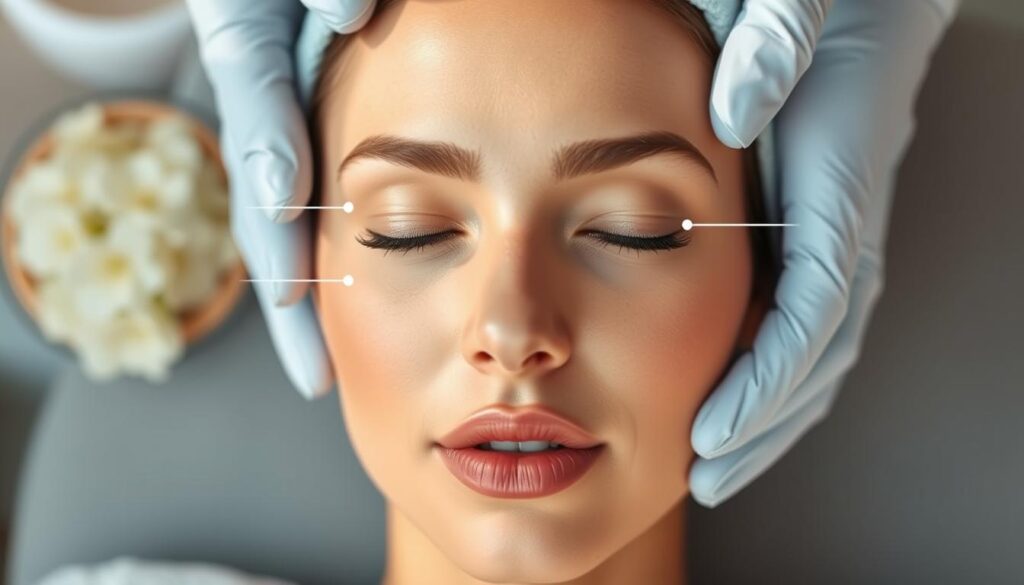 Detailed facial treatment zones on Mallorca, showcasing a high-quality aesthetic treatment from Eleven Clinic. A serene and tranquil environment with warm natural lighting accentuates the facial features. The composition highlights the key areas of hyaluronic acid application, including the forehead, cheeks, lips, and under-eye regions. Soft, blurred backgrounds create depth and focus on the treatment areas. The overall mood is one of relaxation, professionalism, and the promise of rejuvenated skin.