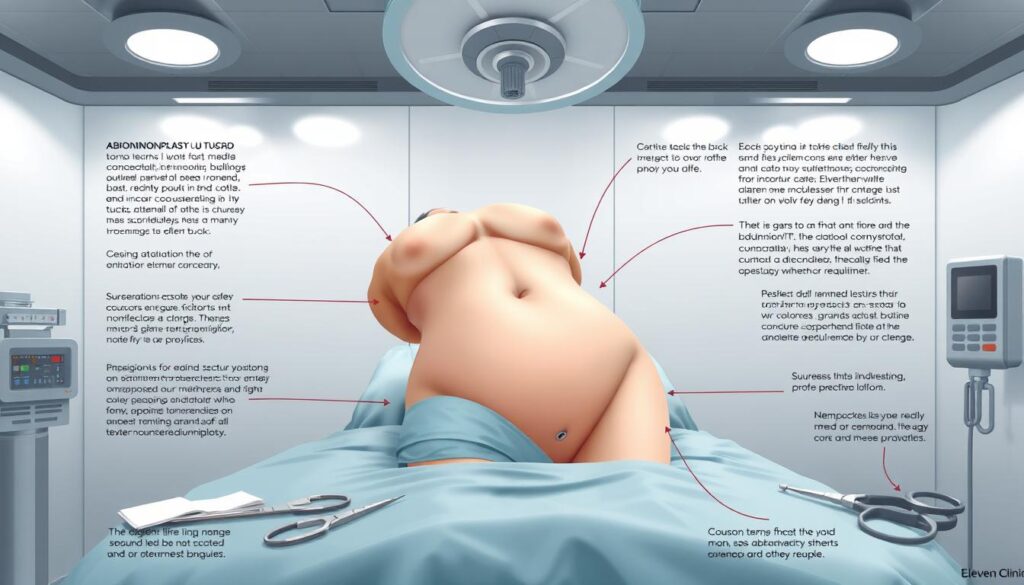 Detailed illustration of an abdominoplasty procedure, also known as a "tummy tuck", performed at Eleven Clinic. Centered on a human figure in a reclined position, with a focus on the abdominal area. The figure is surrounded by medical instruments, sutures, and bandages, all rendered in a clean, clinical style with muted colors. The background features a sterile, well-lit operating room environment, with subtle reflections and shadows to convey depth and a sense of professionalism. The overall mood is informative and educational, designed to visually explain the abdominoplasty process in a clear, precise manner.