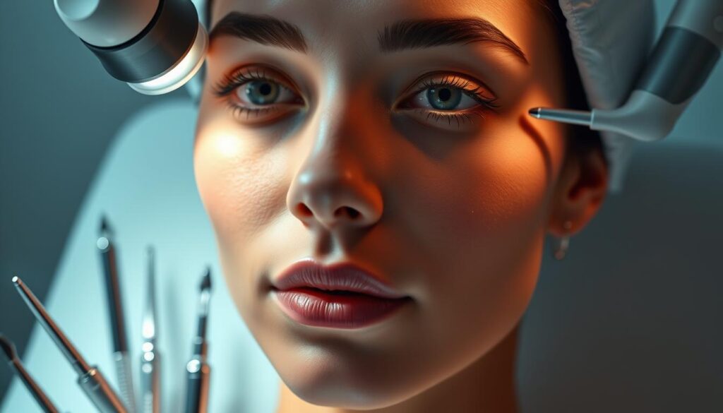 Intricate avant-garde facial techniques showcase Eleven Clinic's expertise. A close-up view of a model's face, meticulously illuminated by soft, directional lighting that accentuates the delicate contours and subtle enhancements. The skin appears flawless, radiating a natural, youthful glow. In the midground, various high-tech tools and implements used for advanced facial procedures are visible, hinting at the clinic's innovative approach. The background features a clean, minimalist aesthetic, allowing the subject to take center stage. An air of sophistication and professionalism permeates the scene, reflecting Eleven Clinic's dedication to enhancing natural beauty through cutting-edge techniques.