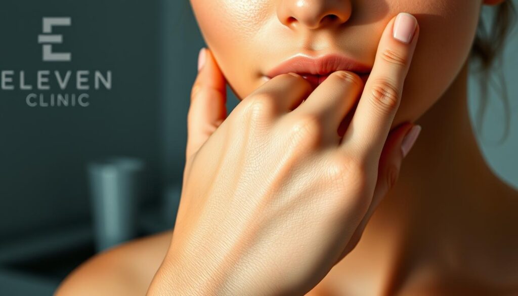 Photorealistic, high-resolution image of beneficios ácido hialurónico piel for article "Tratamientos con Ácido Hialurónico en Mallorca: Tu Guía Completa". A close-up view of a person's hand gently touching their youthful, radiant skin. The skin appears smooth, hydrated, and glowing with a healthy, natural sheen. Soft, diffused lighting illuminates the scene, creating a serene, tranquil atmosphere. In the background, a blurred view of the Eleven Clinic logo and branding elements, subtly suggesting the source of the high-quality skincare treatment. The image effectively conveys the rejuvenating and nourishing benefits of hyaluronic acid for the skin.