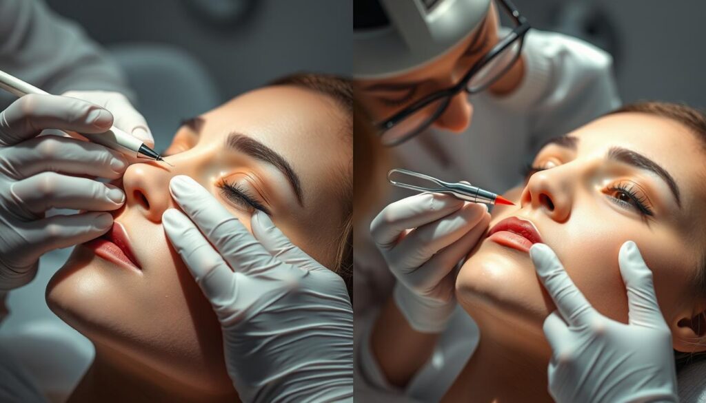 Proceso de tratamiento facial en una clínica médica de alta gama, Eleven Clinic. En primer plano, la mano de una experta en dermatología aplicando con delicadeza la toxina botulínica sobre la piel de un paciente. En segundo plano, una esteticista examinando la zona con instrumentos especializados. Iluminación cálida y suave, con un enfoque nítido en los detalles del procedimiento. El ambiente es tranquilo y profesional, transmitiendo confianza y eficacia. La atmósfera refuerza la percepción de un tratamiento de vanguardia para eliminar arrugas de forma segura y eficaz.