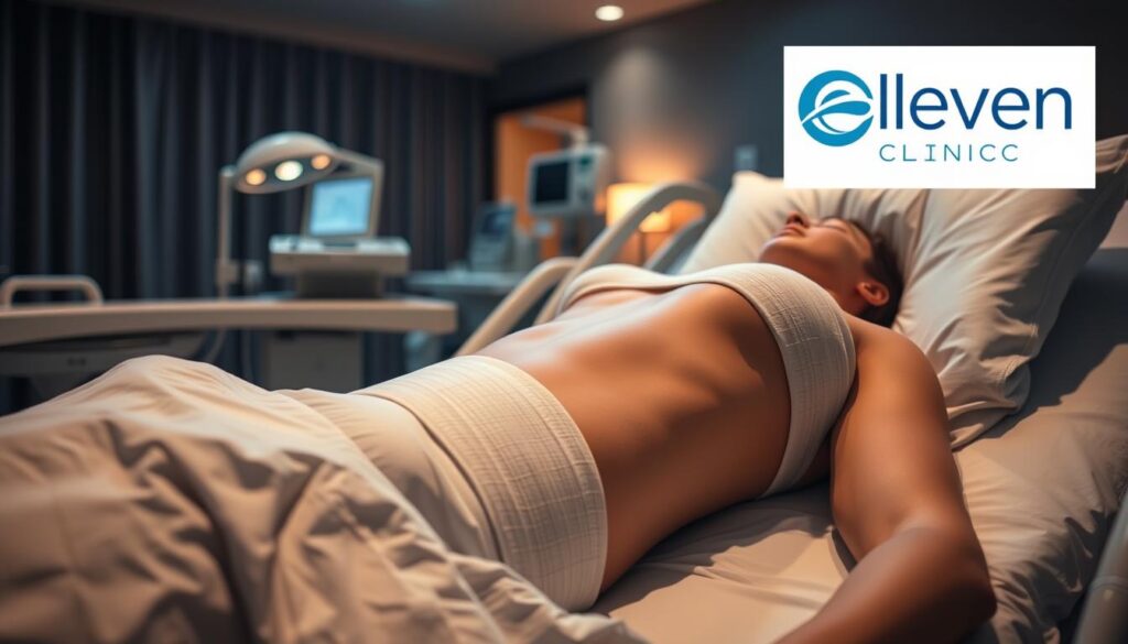 Prompt A detailed, photorealistic image of a patient resting in a hospital bed, recovering from an abdominoplasty 360 procedure. The foreground shows the patient's torso, bandaged and supported with compression garments, conveying a sense of the immediate postoperative period. The middle ground features medical equipment and supplies, suggesting a clinical setting. The background depicts a soothing, dimly lit hospital room, with warm lighting and calming decor. The overall mood is one of comfort and care. The Eleven Clinic logo is subtly displayed in the corner.