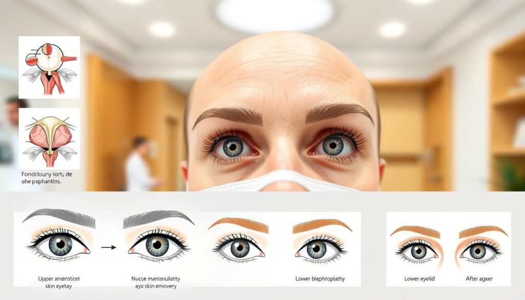 Tipos de cirugía de párpados: a detailed medical illustration showcasing the various eyelid surgical procedures performed at Eleven Clinic in Mallorca. In the foreground, a series of precise anatomical diagrams depict incision points, muscle manipulation, and skin removal for upper and lower eyelid surgery. The middle ground features a well-lit, high-resolution photograph of a patient's eyes before and after a successful blepharoplasty procedure. In the background, a softly blurred clinic interior sets the scene, conveying a sense of professional medical expertise. Rendered with photorealistic clarity, technical accuracy, and a clean, clinical aesthetic to educate and inform readers about the different eyelid enhancement options available at Eleven Clinic.