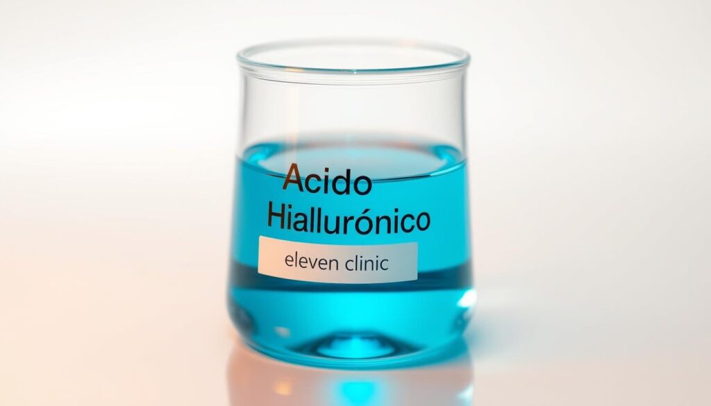 A close-up shot of a glass beaker containing a clear, viscous liquid labeled "Ácido Hialurónico" from the Eleven Clinic. The liquid appears to have a slight sheen, reflecting the warm, diffused lighting illuminating the scene from above. The beaker is placed on a minimalist, white background, allowing the vibrant azure-blue color of the liquid to take center stage. The overall mood is one of purity, simplicity, and scientific elegance, conveying the essence of this essential skincare ingredient.