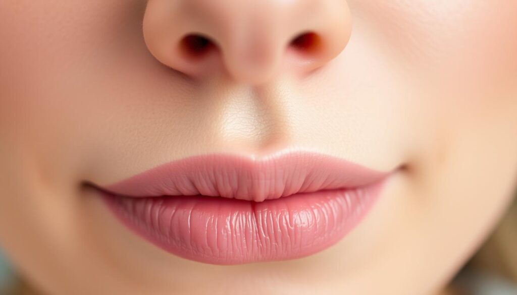A delicate close-up of a pair of soft, hydrated lips in the aftermath of a lip contouring procedure at Eleven Clinic. The lips are gently parted, revealing a subtle, natural-looking outline. Soft, diffused lighting casts a warm, soothing glow, highlighting the lips' subtle shine and healthy, rejuvenated appearance. The background is blurred, keeping the focus on the carefully tended, nourished lips. An atmosphere of tranquility and post-treatment care pervades the scene, inviting the viewer to envision the steps taken to achieve this optimal state of lip recovery.