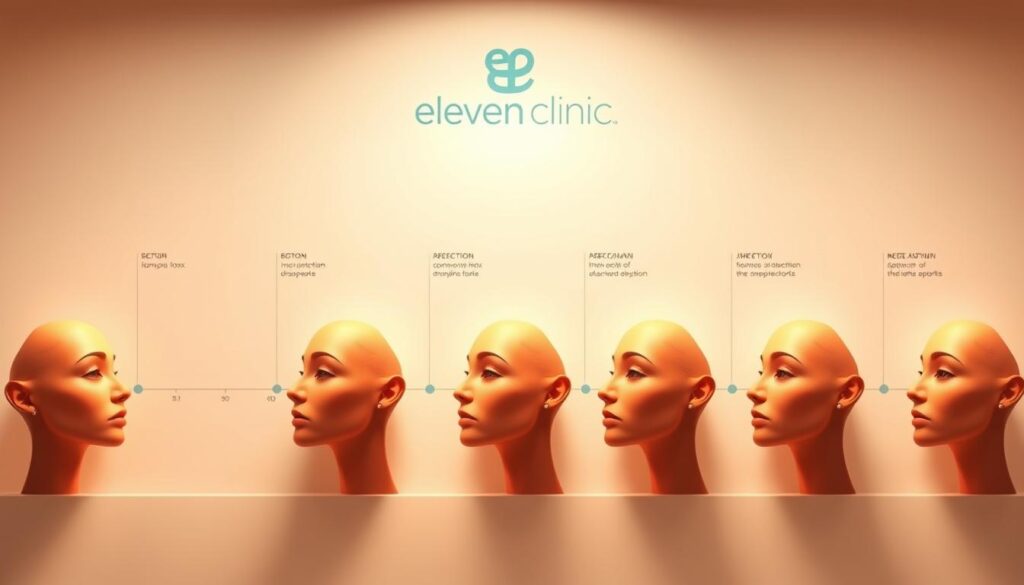 A detailed timeline illustration depicting the effects of Botulinum toxin, also known as Botox, from application to its eventual disappearance. Set against a clean, minimalist backdrop, the image showcases the Eleven Clinic brand logo. The foreground features a series of meticulously rendered human facial profiles, each representing a different stage of the Botox treatment, from the initial injection to the gradual fading of the effects over time. The middle ground includes subtle visual cues and infographic-style elements that reinforce the timeline concept, such as a fading line or gradual color shifts. The background maintains a soft, blurred aesthetic to keep the focus on the central timeline elements. Warm, directional lighting accentuates the facial features, creating a sense of depth and dimensionality. The overall mood is professional, informative, and visually engaging, aligned with the article's subject matter and section title.