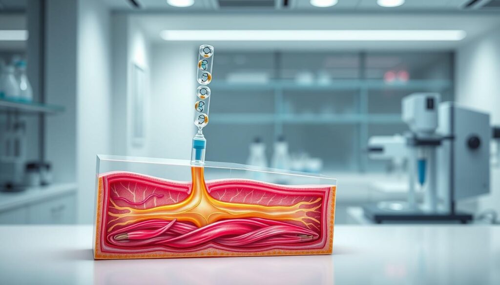 A highly detailed, anatomical cross-section illustration of the mechanism of action of botulinum toxin, as used in the Eleven Clinic's Botox treatments. The foreground depicts the neuromuscular junction, with the toxin molecules inhibiting the release of acetylcholine, causing muscle relaxation. The middle ground showcases the intricate nerve structure and synaptic connections, while the background features a clean, minimalist laboratory setting with scientific equipment. The lighting is soft and directional, highlighting the complexity of the biological processes. The overall mood is one of scientific precision and clinical effectiveness, reflecting the Eleven Clinic's expertise in Botox administration.
