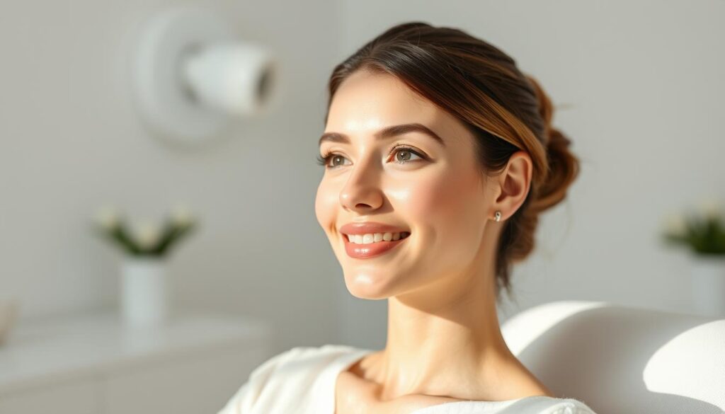 A natural facial harmonization treatment at Eleven Clinic. A youthful, radiant woman with glowing skin sits in a serene, well-lit clinic room. Soft, diffused lighting accentuates her features, highlighting the natural results of the hyaluronic acid procedure. Her expression conveys a sense of relaxation and satisfaction. The image exudes a clean, minimalist aesthetic that complements the natural, subtle enhancements to her appearance.