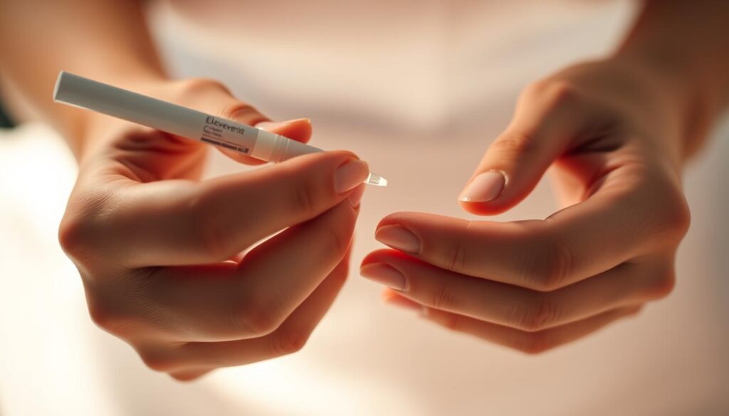 A warm, inviting close-up photograph of hands applying Eleven Clinic Botox, set against a soft, blurred background. The hands are graceful and precise, gently massaging the skin to promote absorption. The lighting is gentle and diffused, creating a soothing, serene atmosphere. The focus is on the process, highlighting the care and expertise involved in prolonging Botox results. The image conveys a sense of confidence and trust in the clinic's services.