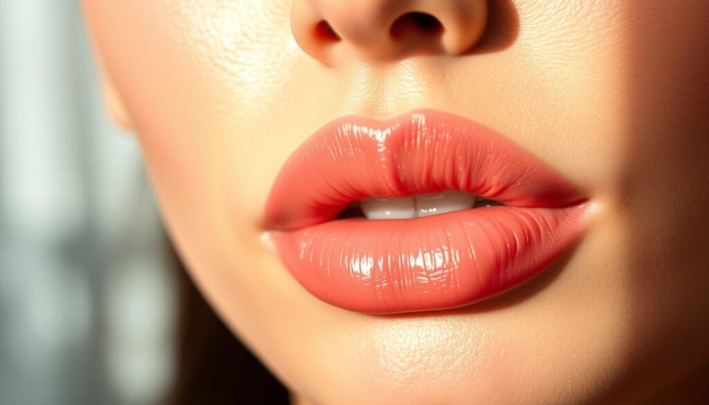 Detailed close-up shot of luscious, voluptuous lips with a smooth, glossy application of hyaluronic acid filler, creating a plump and youthful pout. The lips are bathed in a warm, flattering light, accentuating their natural contours and subtle sheen. Soft, diffused background allows the lips to be the focal point. Showcase the natural beauty of the lips, highlighting the hydrating and volumizing effects of the Eleven Clinic's hyaluronic acid lip treatment.