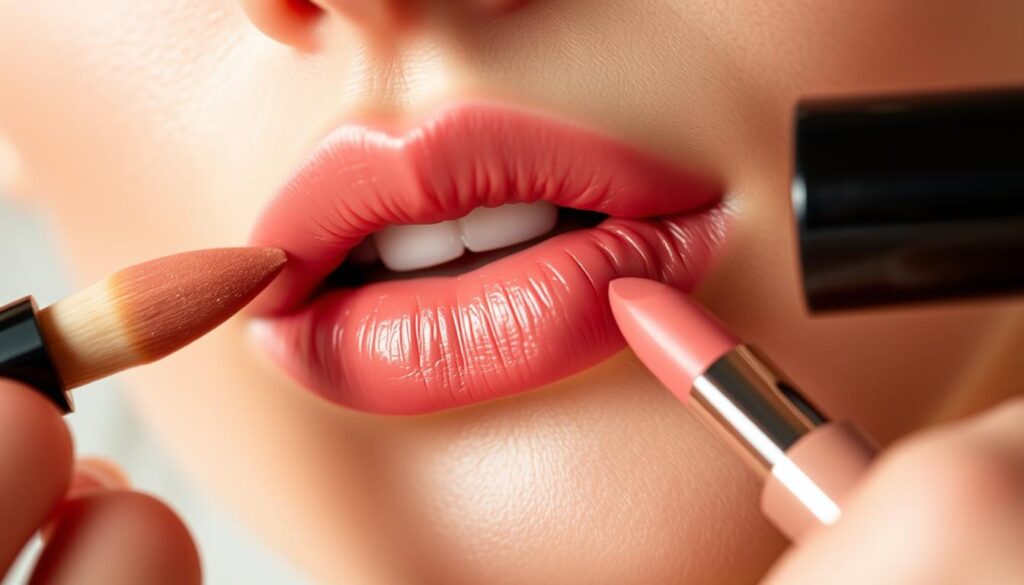Detailed close-up shot of precise lipstick application technique, featuring a model's lips with a soft, luminous complexion. The lipstick is expertly applied with a delicate, feathered edge, creating a flawless, long-lasting finish. Warm, diffused lighting highlights the subtle sheen of the lip product, which appears to be a neutral, satin-like tone. The camera angle is slightly elevated, giving an intimate, almost clinical perspective, emphasizing the precision of the application process. Set against a clean, white background, the focus is entirely on the Eleven Clinic's lipstick application technique.
