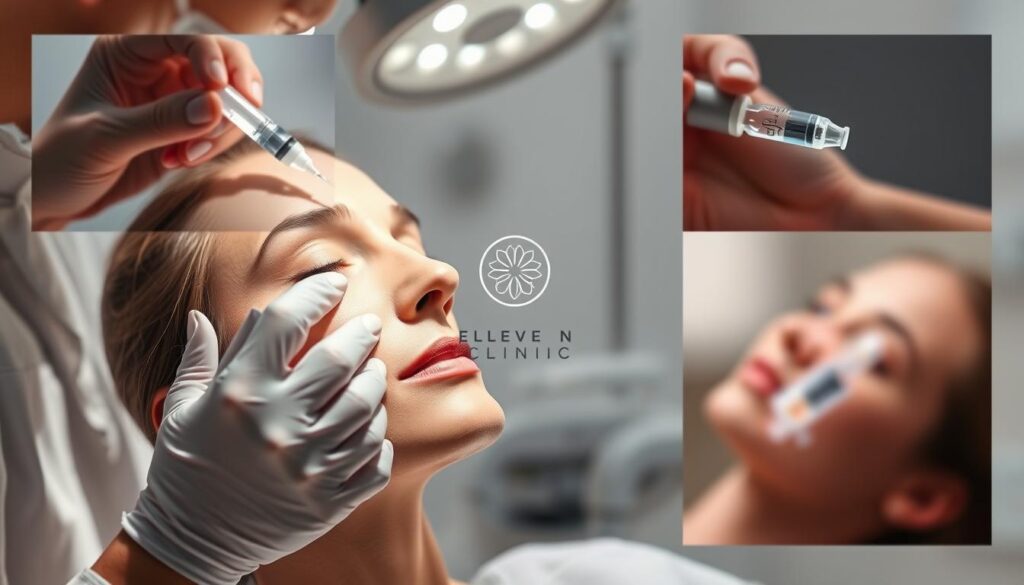 Procedimiento ácido hialurónico cuidados: a serene, well-lit medical clinic setting with a professional practitioner carefully administering hyaluronic acid injections to a patient's face. Soft lighting, neutral tones, and a sense of clinical expertise create a calming atmosphere. Detailed close-up shots showcase the injection technique and the hyaluronic acid vial, conveying the step-by-step process. The Eleven Clinic logo is subtly featured, indicating the high-quality, trusted service. The overall image communicates the natural, rejuvenating results of this hyaluronic acid treatment.