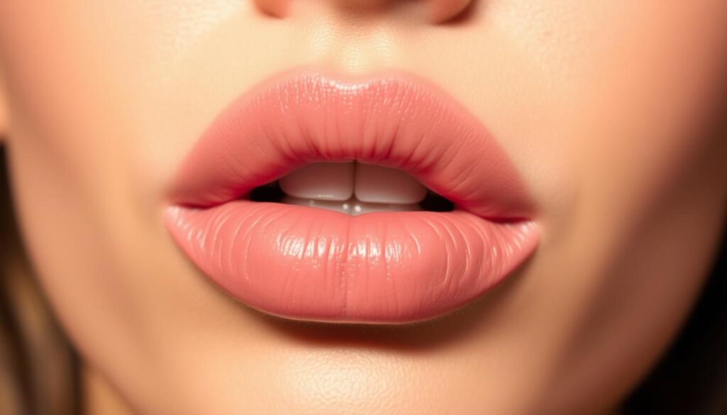 Prompt A close-up shot of a person's lips, meticulously perfilado with the Eleven Clinic's professional lip liner products, showcasing an impeccable, natural-looking result. The lips are slightly parted, revealing a soft, pink hue and a subtle sheen, as if just lightly glossed. The lighting is warm and flattering, creating depth and dimension. The background is blurred, allowing the focus to remain solely on the lips, which appear full, defined, and ready for any occasion.