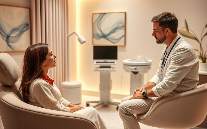 A private consultation at the Eleven Clinic, a luxurious medical facility in Mallorca. The patient sits comfortably in a well-appointed, softly lit examination room, discussing their aesthetic goals with a compassionate and experienced surgeon. Warm lighting highlights the modern, minimalist decor, creating a serene atmosphere of trust and professionalism. The surgeon leans in, listening intently, ready to guide the patient on their transformative journey. In the background, state-of-the-art medical equipment and soothing artwork convey a sense of expertise and care. This is the first step towards the patient's desired physical transformation, a personalized consultation that will chart the course for their aesthetic rejuvenation at the Eleven Clinic.