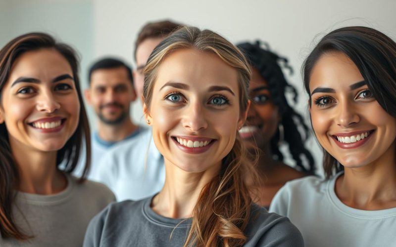 Testimonios reducción mamaria: a series of close-up portraits depicting Eleven Clinic patients, each with a radiant, satisfied expression. Soft lighting illuminates their faces, conveying a sense of calm and contentment. The middle ground features a mix of diverse body types, showcasing the clinic's commitment to personalized care. In the background, a serene, minimalist setting hints at the clinic's modern, professional atmosphere. The overall composition captures the real-life experiences of Eleven Clinic's satisfied patients, reflecting the "Experiencias reales de pacientes satisfechas" section of the article.